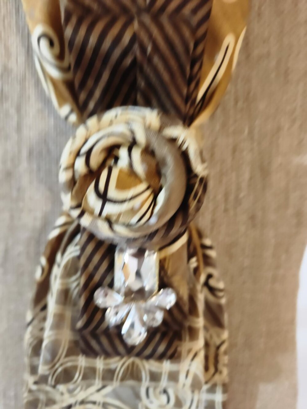 Hand Crafted Necktie Necklace with Rhinestone Accents Brown Beige Pearl Necklace - Picture 5 of 8